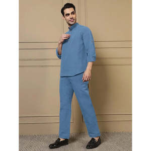 Amanush <b>Men's</b> Solid Blue Cotton Co-Ord Set Mandarin Collar Full Sleeve Kurta With Pant Casual Wear Summer 2 Piece Outfit - Product Image 3