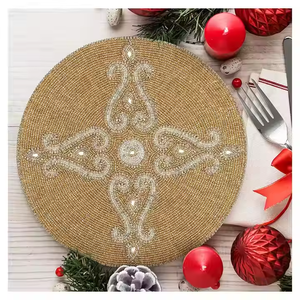 Manteles individuales redondos con cuentas bordadas reales para comedor, manteles individuales hechos a mano con cuentas de 13x13, corredor decorativo para uso en fiestas de bodas - Product Image 2