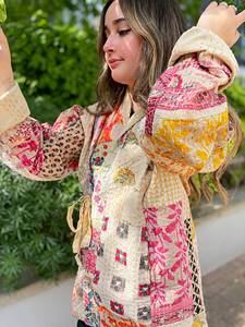 Kantha เสื้อโบเลโรแขนสั้นใส่ได้ทุกฤดู, โบฮีเมียนสไตล์ศิลปินแนวเมเนผูกด้านหน้าเสื้อแจ็กเก็ตแบบเปิดชุดกิโมโนสีเบจ - Product Image 3