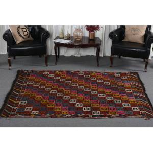 Tapis Kilim en laine rouge traditionnelle 5.2x6.8 pieds grande surface zone Rectangle turc Patchwork motif de couloir abstrait 10mm Latex - Product Image 3