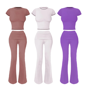 Conjuntos de pantalones acampanados con cintura y manga de nailon y algodón de otoño 2025 de alta calidad y precio al por mayor personalizado, ropa de descanso personalizada de 2 piezas - Product Image 4