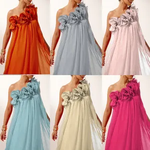 ชุดเดรสยาวเปิดไหล่สำหรับผู้หญิง, ใหม่2025ฤดูร้อนชุดเดรสยาวแต่งจีบลายดอกไม้3D - Product Image 3