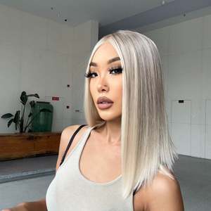 DWY 12 Inch <b>Bob</b> <b>Wig</b> with Ash Blonde and White Balayage Highlights Straight Lace Front for Bold Fashion Statements - Product Image 2