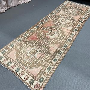 Turkish Vintage Rug, 3.2x9.3 ft Rug, <b>Brown</b> Floral <b>Wool</b> Rug - Product Image 5