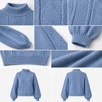 Prix d'usine, pull en laine tricoté pour femmes, couleur bleue, taille oversize, 5GG, pull chaud avec manches bouffantes