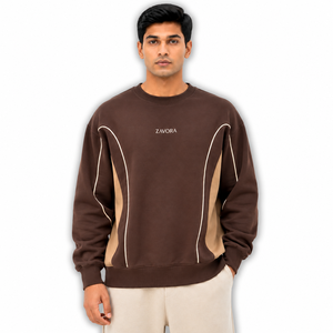 Men's <b>Brown</b> Colorblock Sweatshirt Crew Neck Contrast Piping Beige Panel Relaxed Fit <b>Fleece</b> Pullover Custom Logo Factory Direct - Product Image 1
