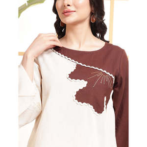 DEEBACO Women's Solid Off <b>White</b> Cotton Embroidered Patch Work Co-Ord <b>Set</b> Boat Neck Flared Sleeves Top and Ankle Length Trouser - Product Image 2