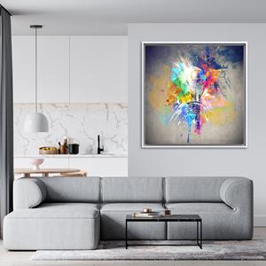 Modern Printed <b>Canvas</b> Artwork: Vibrant Lightbulb Glass Design,WHITE <b>FRAMED</b> <b>CANVAS</b> - Product Image 1