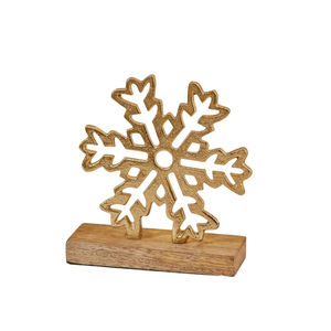 Escultura de Copo de Nieve de Metal de Aluminio Chapado en Oro Única con Base de Madera de Mango, Adorno de Decoración Navideña para Mesa, Precio Bajo - Product Image 1