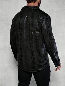 Streetwear Baggy noir décontracté pour hommes Chemise en cuir respirant solide tricoté Satin de haute qualité personnalisé à manches longues sans col - Product Image 2
