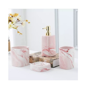 Juego de baño de color rosa mármol de diseño antiguo, Juego de 4 juegos de baño de diferentes tamaños y formas para accesorios de baño - Product Image 1