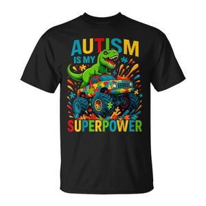 Camiseta Promocional con la Frase "El Autismo Es Mi Superpoder" y Diseño de Dinosaurio Monster Truck - Product Image 1
