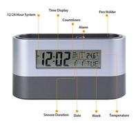 Jam Alarm multifungsi, pemegang pena Snooze Digital kantor rumah multifungsi dengan penyimpanan