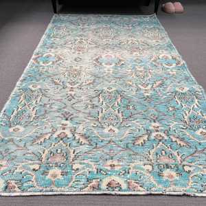 Tapis turc d'appoint 3,6x6,6 pieds, tapis vintage, tapis persan en laine bleu et blanc - Product Image 2