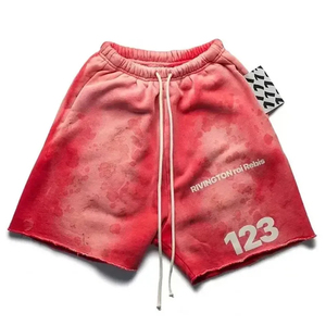 <b>Men's</b> Custom LOGO Distressed Embroidery Cotton <b>Sweat</b> <b>Shorts</b> Sun Faded Cut Edge Acid Wash Quick Dry Breathable Casual Print Style - Product Image 4