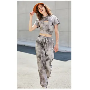 Custom New Loose Pants Set summer 2024 women fashion short sleeve acid wash hoodie Pure Girl Sexy Short Top Fitness Sports Suit