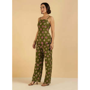 Deebaco Women's Olive Green Cotton 2 Piece Co-Ords <b>Set</b> Casual Summer Stylish Polka Dot Sleeveless Peplum Top With Wide Leg Pants - Product Image 2