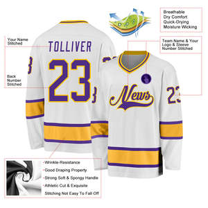 Camiseta de Hockey sobre Hielo para Hombre, Blanca, Dorada y Morada, Ropa Deportiva, Logotipo Personalizado, Sublimación Completa, Malla Transpirable de Poliéster Ligero - Product Image 4
