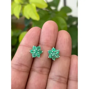 925 Silver <b>Stud</b> <b>Earrings</b> with Natural Emerald Floral Pattern-Cute and Trendy <b>Studs</b> for Wedding Engagement Anniversary Party - Product Image 1