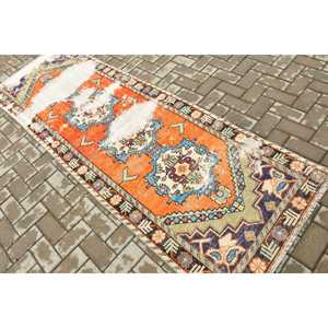 2.8x8.7 ft Vintage <b>Rug</b>, Turkish <b>Runner</b> <b>Rug</b>, Orange Blue Animal Print <b>Rug</b> - Product Image 4