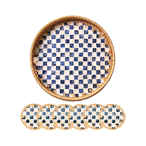 Nouvel ensemble de plateau de service en rotin avec incrustations de nacre, avec sous-verres et support, de forme ronde, pour décoration de table basse, en provenance du Vietnam - Product Image 3