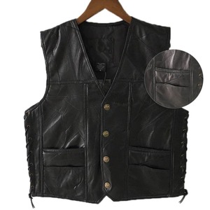 Punk Biker <b>Vest</b> Lace Button Winter Sleeveless Waterproof Windproof Solid Motorcycle <b>Vest</b> for Men <b>Black</b> Leather - Product Image 4