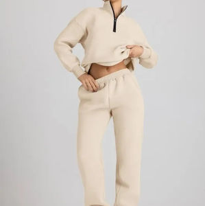 2025 Autumn Winter <b>Women</b> Solid 100% Cotton Velvet Two Piece Jogging <b>Pants</b> Set Designer Logo Top Hoodies <b>Sweat</b> Suit Casual - Product Image 2