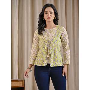 Haut asymétrique en coton vert imprimé à la main pour femme, col à volants, longueur longue, taille XL, brodé, en popeline unie tricotée - Product Image 1