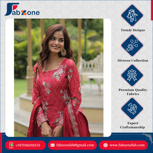 Premium Designer Ready Made Round Neck Embroidery Work Chinnon Printed Traditional <b>Kurti</b> Palazzo Dupatta Set for Festival - Product Image 2