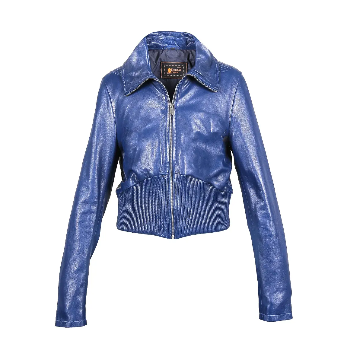 Women Jacket Of Real Leather Bomber Coat Turn-Down Collar Zipper Custom Wholesale Slim Blue Color Jacket