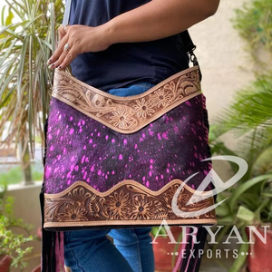 กระเป๋าพาดลำตัวหนังเมทัลลิกทำจากหนังแท้มีพู่ห้อยขนาดใหญ่กระเป๋าหนังตะวันตก - Product Image 1