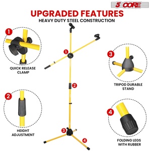 5 Core Microphone Stand Floor 2 Mic Clips Universal Height Adjustable <b>Tripod</b> Mic Stands w Boom Arm - Product Image 6