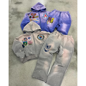 Conjunto Deportivo de Invierno Personalizado, Grueso, Transpirable, con Capucha y Cremallera, Estilo Jogger, Lavado Ácido, Bordado Desgastado, Pantalones Acampanados - Product Image 1