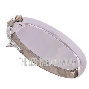 Accueil Hôtel Restaurant Plateau en métal aluminium poli brillant Forme ovale Fleur Design à la mode Ensemble moderne de 2 plateaux - Product Image 2