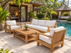 Ensemble de canapé d'extérieur en teck 3 places avec fauteuils, table basse, coussins blancs, mobilier de jardin, style tropical, résistant aux intempéries - Product Image 3