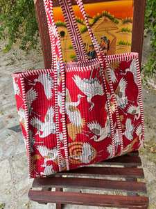 Bolso de viaje Jaipuri estilo bohemio para mujer estampado de bloques de mano algodón indio Kantha acolchado diseño de doble ASA - Product Image 4