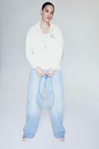 Women's Cream <b>Zip</b>-Up Hoodie With Embroidered Logo Casual Sweatshirt Regular Fit Full Sleeve Knitted Cotton Autumn Wear - Product Image 3