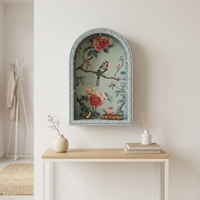 Étagère murale vintage en bois cintrée, décorative, avec motif floral et oiseaux, style ferme, boîte de rangement murale