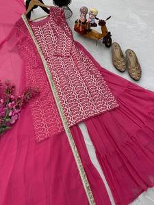 Diwali Brodé Designer Readymade Sharara Gharara Georgette Soie Indien Ethnique 3 Pièces Ensemble Été Hiver Salwar Kameez - Product Image 4