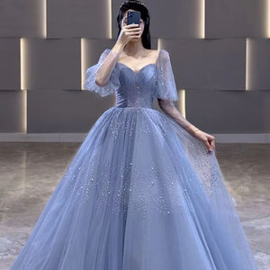 ชุดเดรสค็อกเทลทรงเอไลน์ยาวเต็มตัวสำหรับผู้หญิงป้องกันการเกิดไฟฟ้าสถิตหรูหราแขนสั้นเปิดหลังประดับด้วยไข่มุกด้วยลูกปัด - Product Image 1