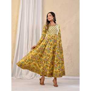 Vestido Anarkali de Algodón Estampado Amarillo Jaal, Transpirable, Estilo Hippie, Talla Única, Largo hasta la Rodilla, para Bodas y Fiestas Diurnas - Product Image 6