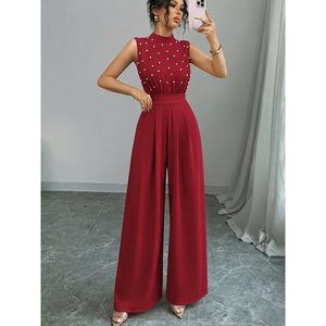 Mono largo brillante con cuello alto, sin mangas, adornado con perlas y cinturón para mujer, 35237 - Rojo - Product Image 2
