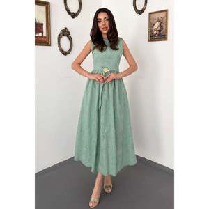 Elisa Fashion Woman <b>Mint</b> Belted <b>Dress</b> with Gathered Waist - Product Image 1