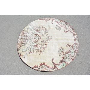 Vintage Turkish Rug Beige Red 3.9 X 3.9ft Large Area Woolen Patchwork Design for Hallway Bedroom Rectangular Shape Latex Backing - Product Image 3