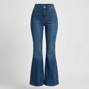 <b>Women</b> Custom Made OEM Flared <b>Jeans</b> Pants Winter Denim Pocket Button Breathable Slim Pant Custom Logo Premium Stylish Streetwear - Product Image 1