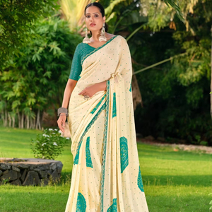 Saree en mousseline de soie pure indienne de style Bollywood avec bordure en dentelle perlée et pièce de chemisier belle couleur tenue de fête - Product Image 1