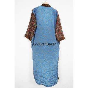 Robe kimono longue en soie pure à 100 % pour femmes, douce, élégante, respirante, printemps/été, fermeture à cordon, tissu indien sari, devant - Product Image 2