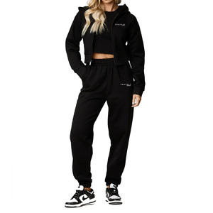 Ensemble de survêtement d'hiver noir premium 2026 pour femme, avec pantalon droit, sweat à capuche zippé et pantalon de survêtement à logo personnalisé - Product Image 2