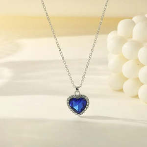 Colgante de Corazón de Plata Marcada con Sello y Zafiro, Cadena de Eslabones de Moda, Engaste de Bisel, Bañado en Rodio, Oro Rosa, Incrustaciones de Diamantes, Platino Principal - Product Image 5