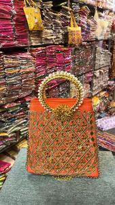 Women's Vintage Style Silk Pattern Embroidered <b>Gota</b> Pati Design Handbag Two Handles and Zipper Closure Tote Shoulder Bag - Product Image 6